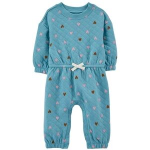 Carter’s 12 Month Blue Quilted Long Sleeve Jumpsuit with Pink and Brown Hearts